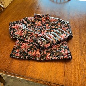 Lands' End Black Floral Puffer Jacket EUC